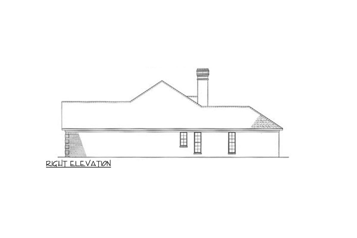 Right elevation house plan showing a single-story home with brick foundation, multiple gables, and a chimney.
