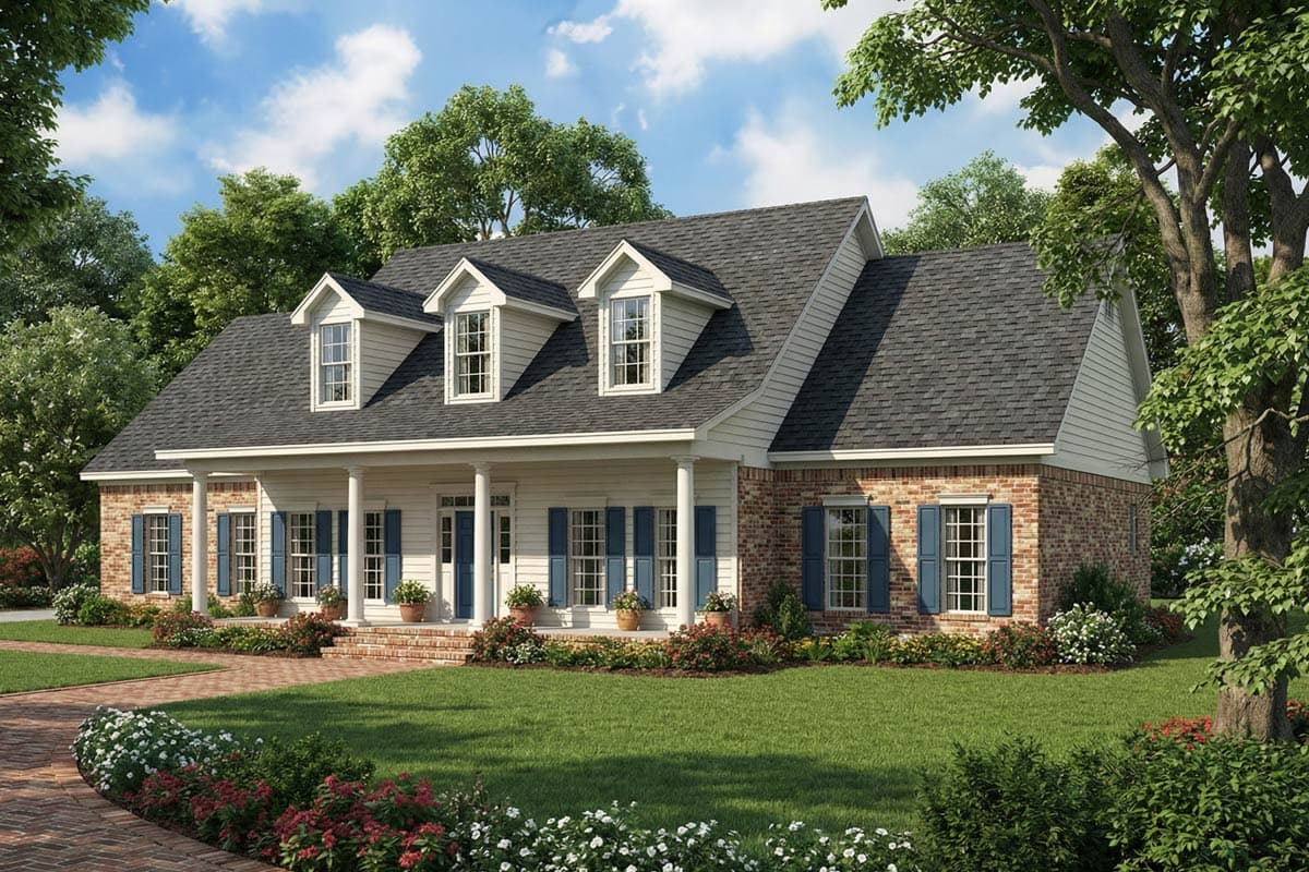 A two-story house with a porch and blue shutters. The house has a brick facade and is surrounded by a well-manicured lawn and trees under a blue sky.
