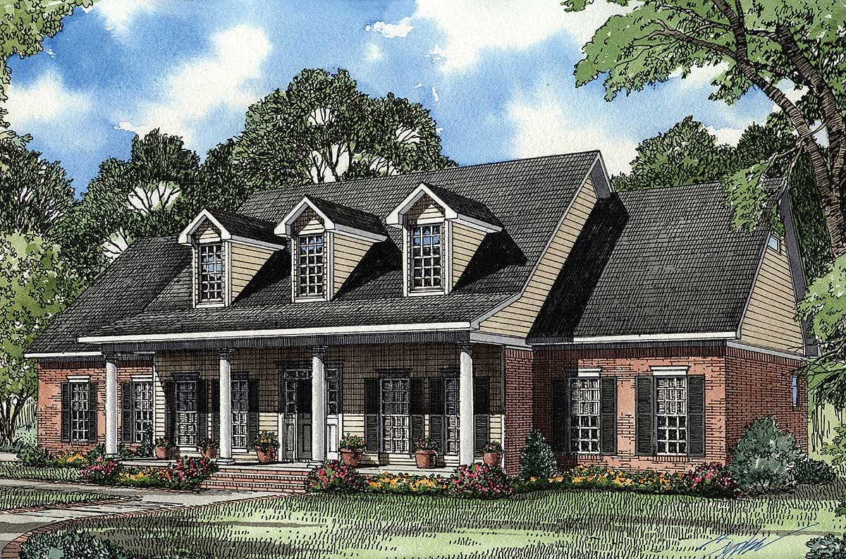 House plan exterior: brick facade, wrap-around porch with columns, and three gabled dormers.