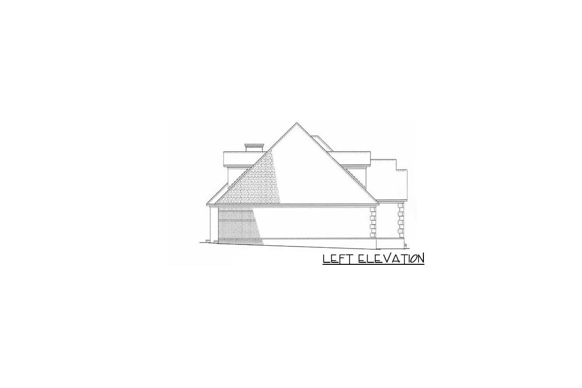Left elevation drawing of a house plan showing a pitched roof, gabled dormer, and brick accents.
