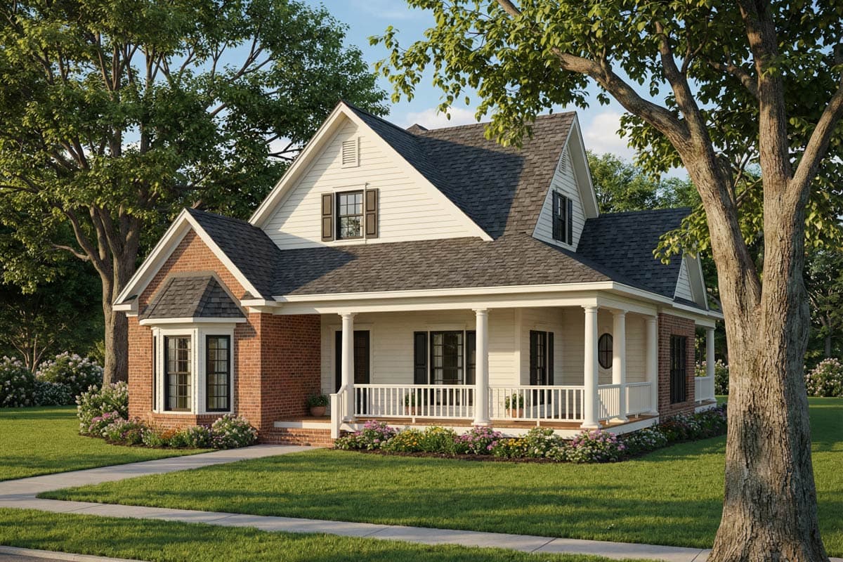 House plan exterior. Two-story farmhouse with a front porch, gables, dormers, and brick accents. Features include a bay window and shutters.
