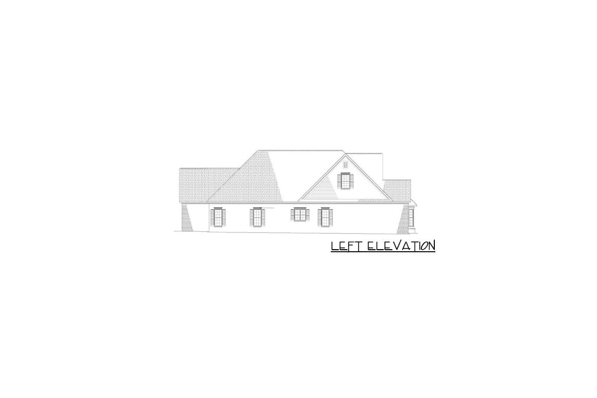 Left elevation drawing of a two-story house with a gabled roof, dormer, and multiple windows.