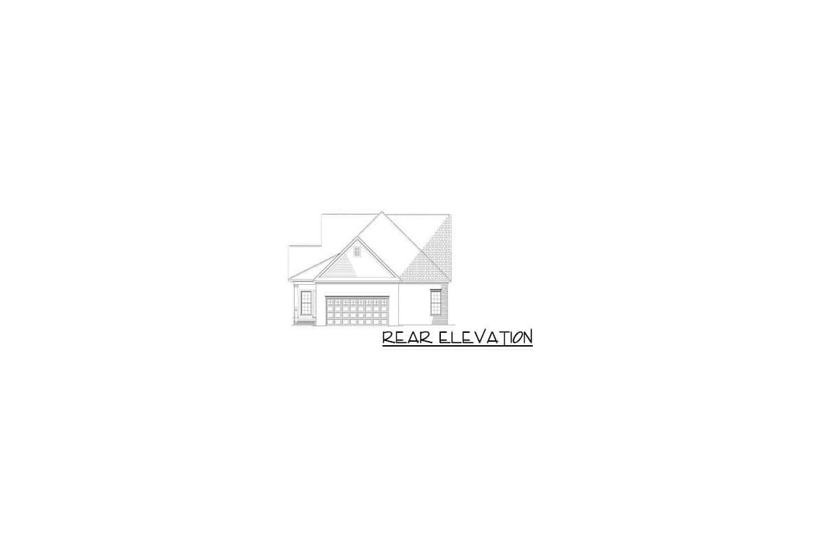 Rear elevation drawing of a house with a two-car garage, gable roof, and dormer.