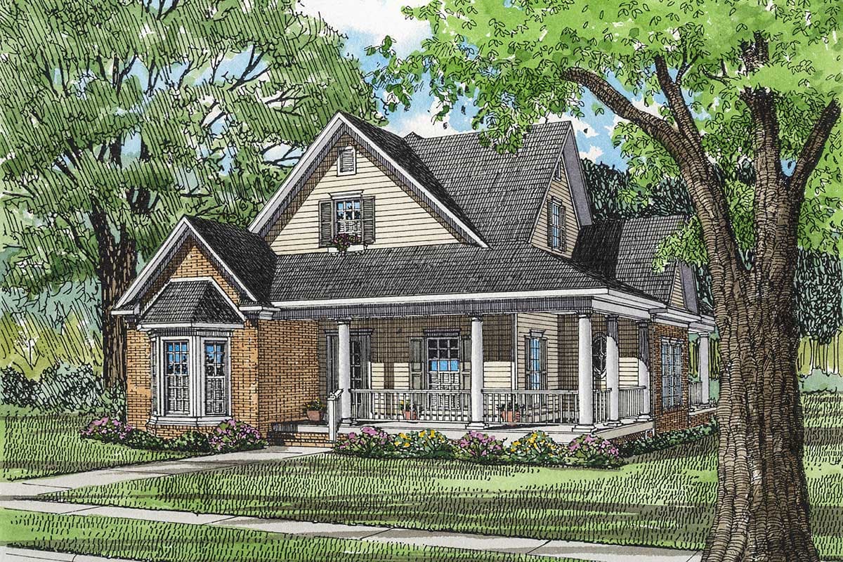 House plan exterior: two-story, brick and siding, wrap-around porch with columns, bay window, and gabled dormers.