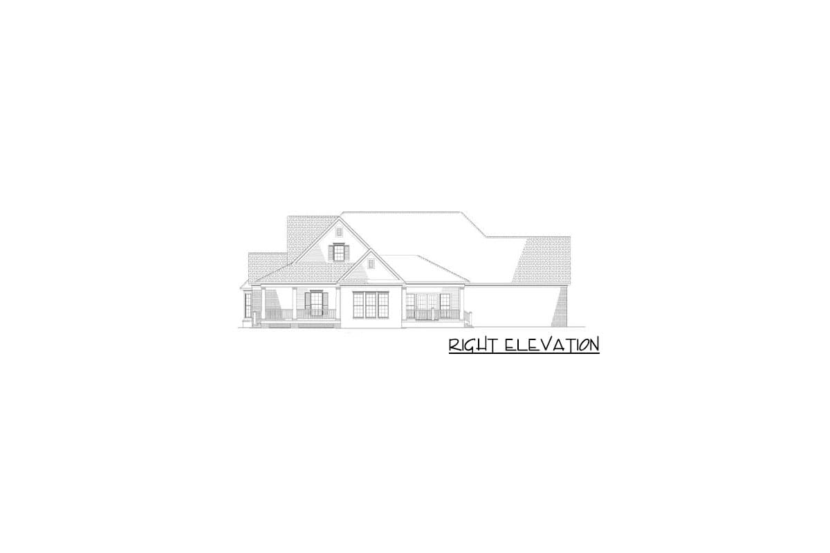 Right elevation drawing of a house plan featuring a covered front porch, multiple gables, and a dormer.