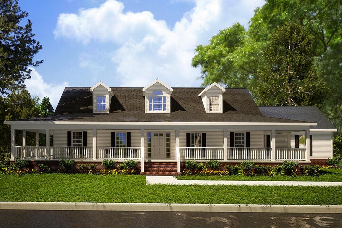 House plan exterior. Colonial style with a single story, front porch, dormers, and a gable roof.