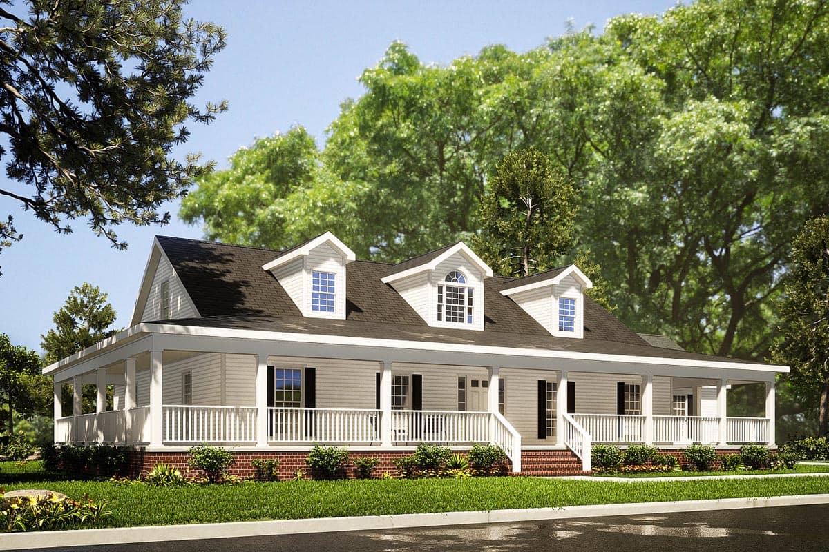 House plan exterior: single-story home with full wraparound porch, dormers with multi-pane windows, and gabled rooflines.