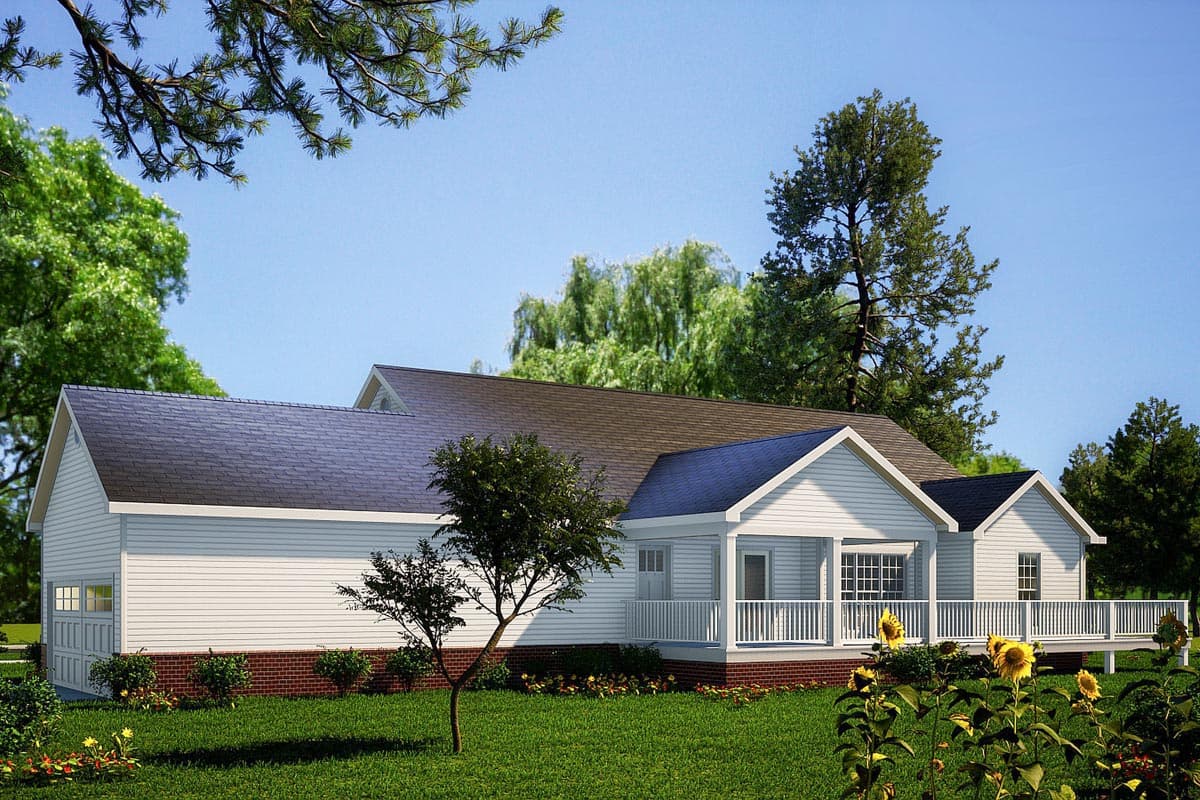 House plan exterior of a single-story Modern Farmhouse with a gabled front porch, white siding, and attached garage.