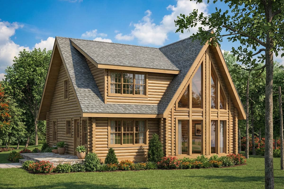 A rustic, two-story log cabin with a steeply pitched roof and large front windows, set amongst trees on a sunny, green lawn.