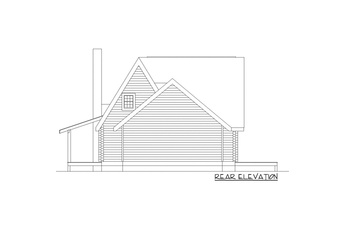 Rear elevation drawing of a log cabin with a pitched roof, dormer window, chimney, and covered porch.