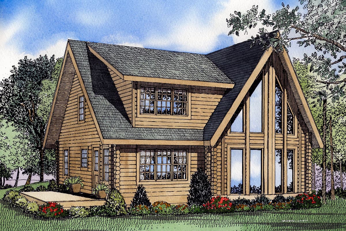 House plan exterior of a two-story log cabin with a prominent gable, dormer, and a wall of vertical windows.