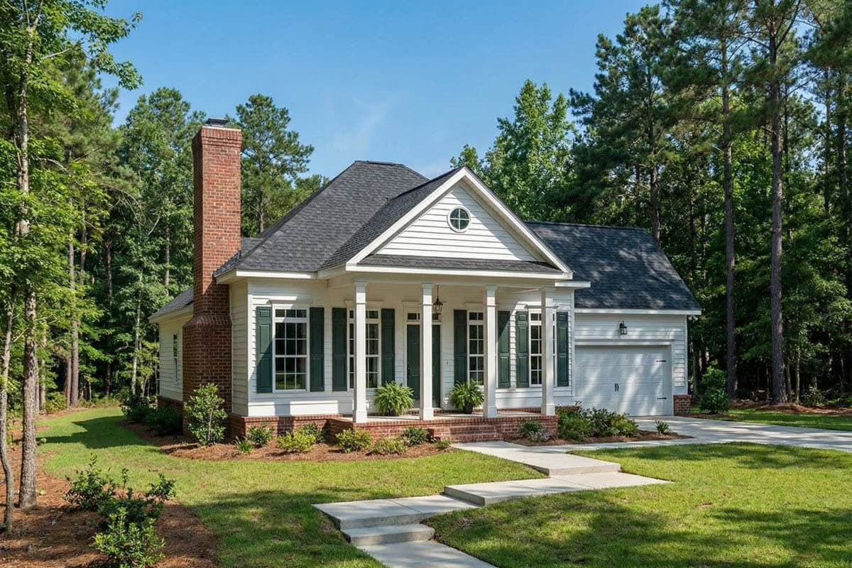 House plan exterior. One-story Cottage style with a front porch, gables, and a brick chimney. Includes an attached garage and green shutters.