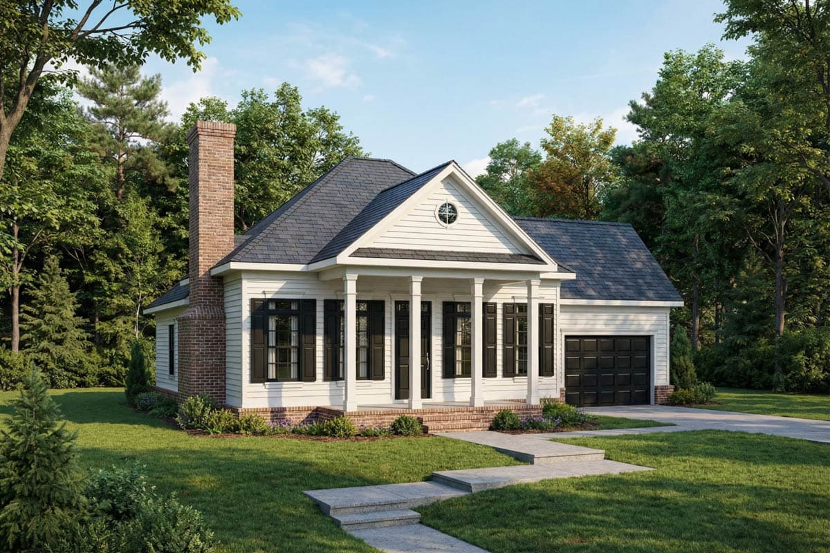House plan exterior: one-story Modern Farmhouse with a brick chimney, covered front porch with columns, and attached garage.
