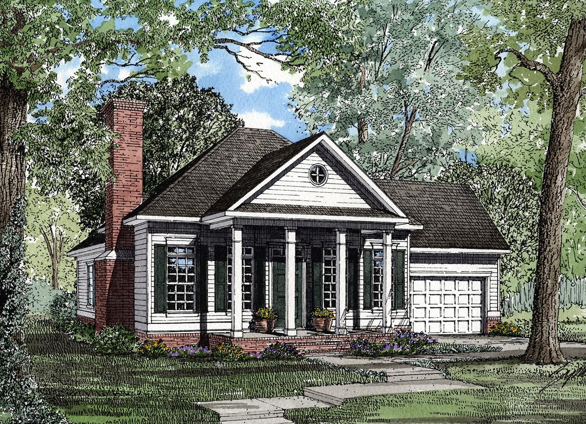 House plan exterior: single-story traditional style with a brick chimney, front porch with columns, and attached two-car garage.