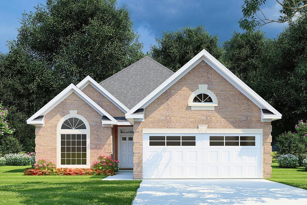 House plan exterior: Brick facade, one-story, pitched roofline with gables, arched window, and two-car garage.