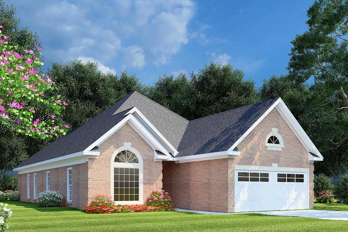 House plan exterior with brick facade, gable roof, and attached two-car garage. Features arched window and a decorative gable vent.