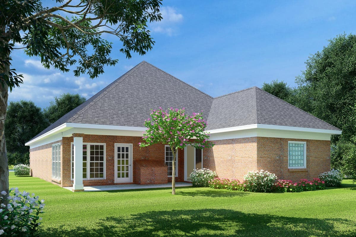 House plan exterior rendering shows a one-story brick home with multiple gables, a covered porch area supported by columns, and double-pane windows.