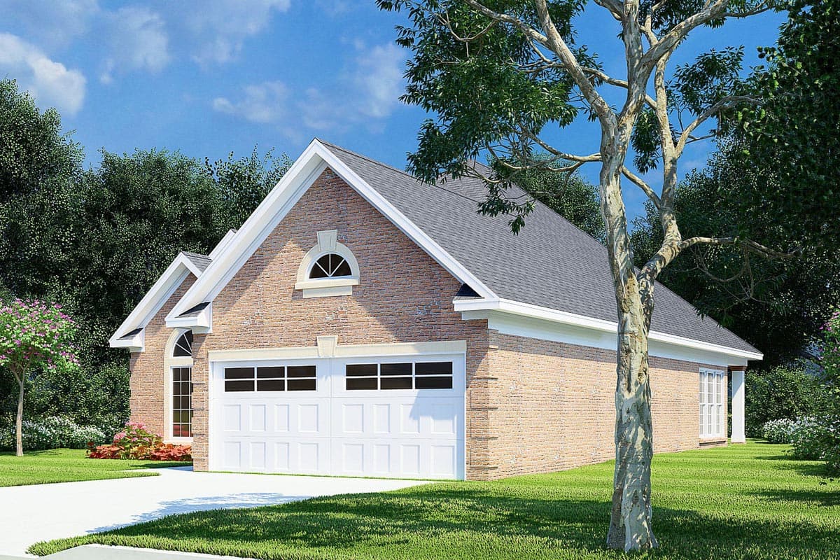 House plan exterior with brick facade, gable roof, arched dormer, and two-car garage.