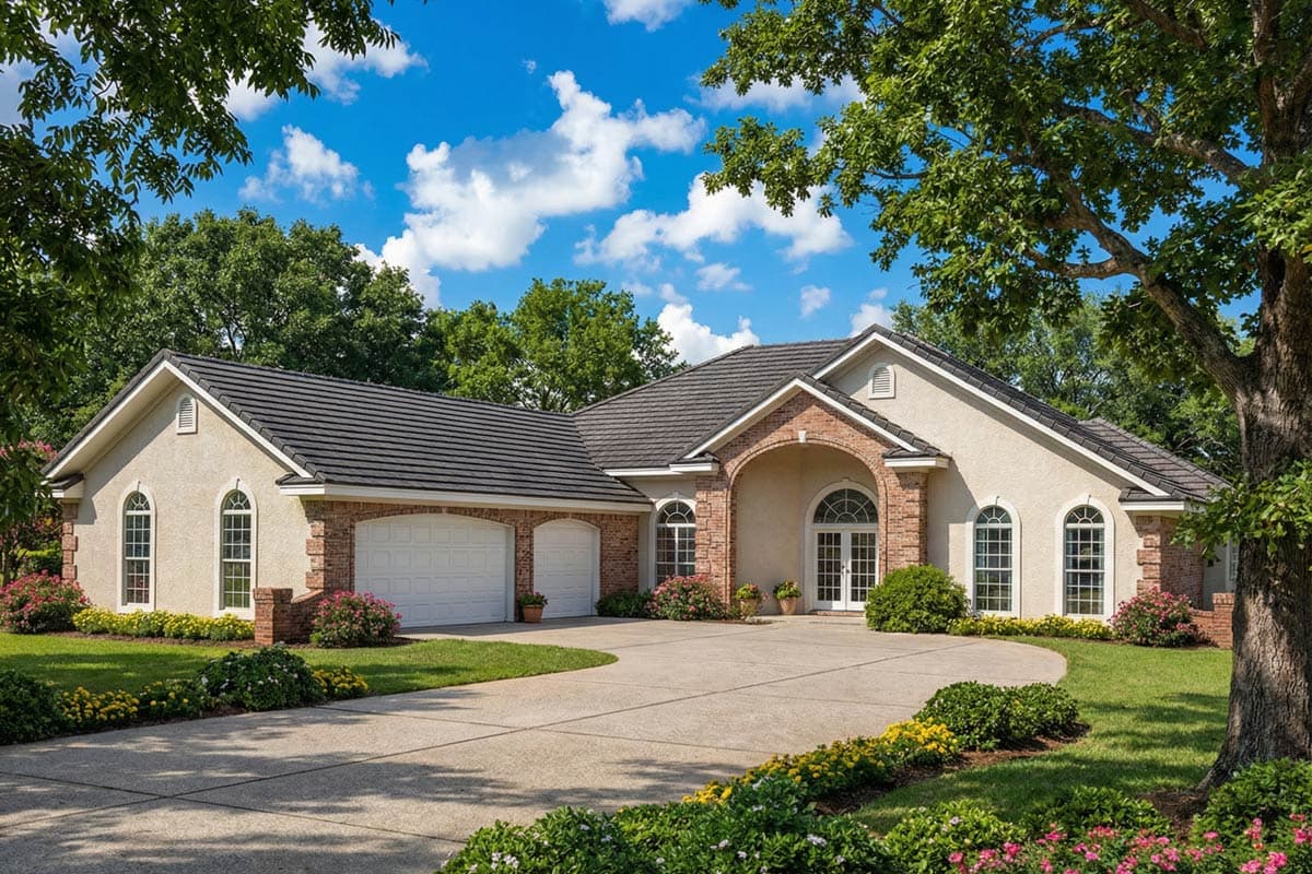 House plan exterior: single-story home with arched entry, stucco and brick exterior, and a three-car garage.