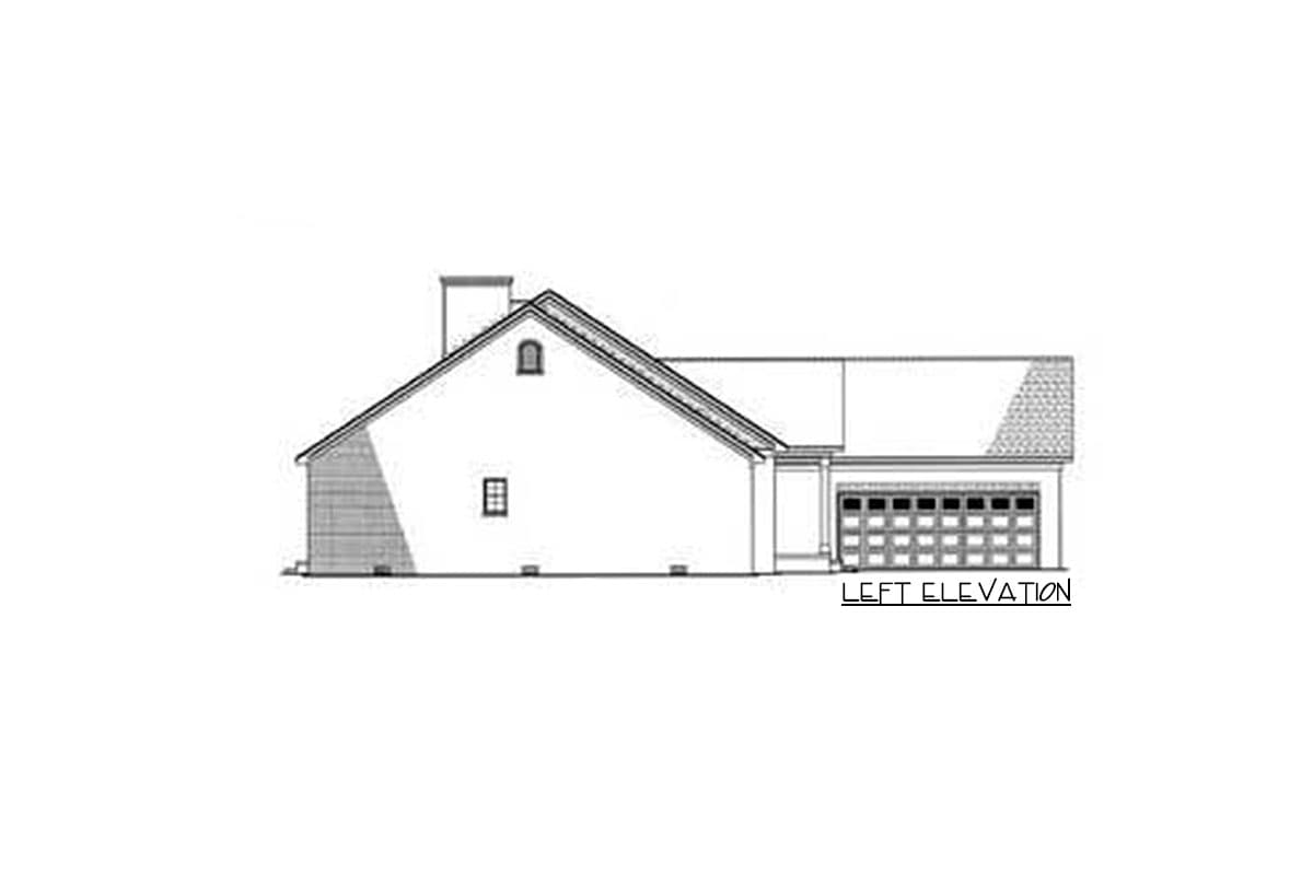 Left elevation drawing of a house plan with a gable roof, dormer, chimney, and attached garage.