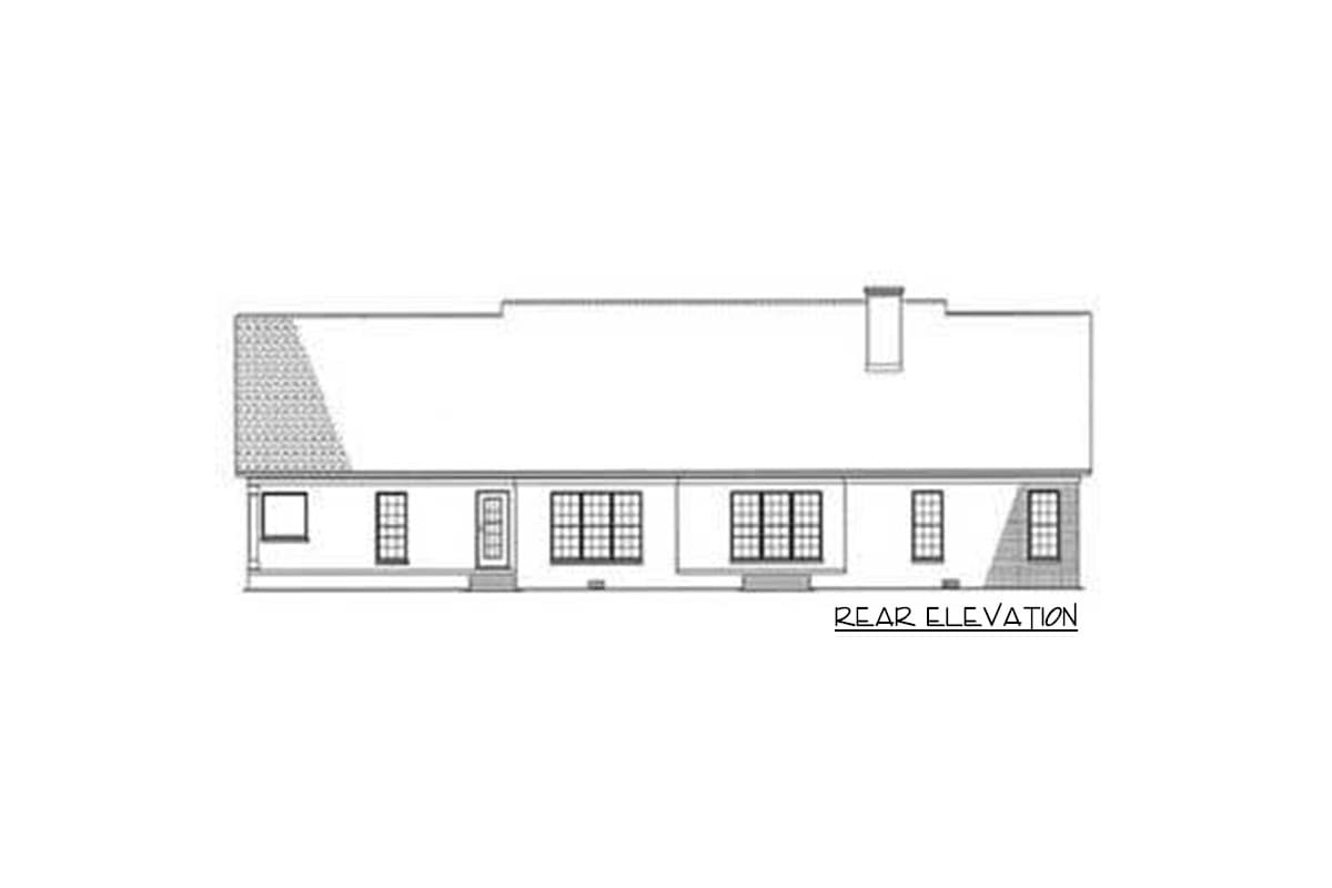 Rear elevation drawing of a single-story house with a gambrel roof, chimney, and multiple windows.