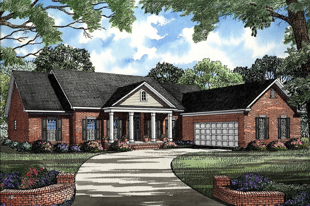 House plan exterior: Brick ranch with a gabled front porch supported by columns and an attached two-car garage.