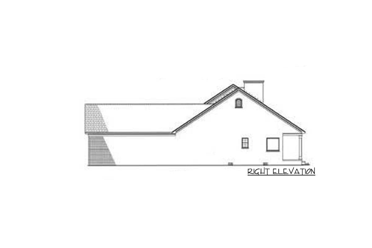 Right elevation drawing of a house plan showing a steeply pitched gable roof, dormer, and covered porch.