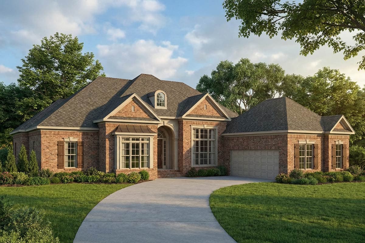 Traditional brick house plan exterior with a dormer window, arched entryway, bay windows, and a side-facing garage.