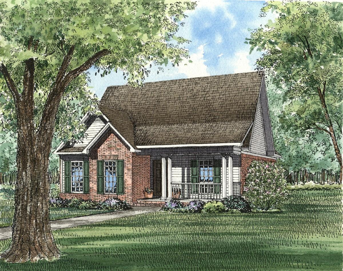 House plan exterior: Brick cottage with gable dormer, covered front porch with columns, and green shutters.