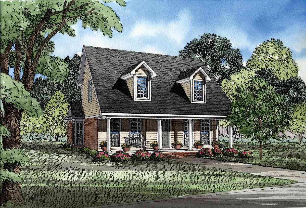 House plan exterior of a two-story home with a full-width covered porch, dormer windows, and a side-facing garage.