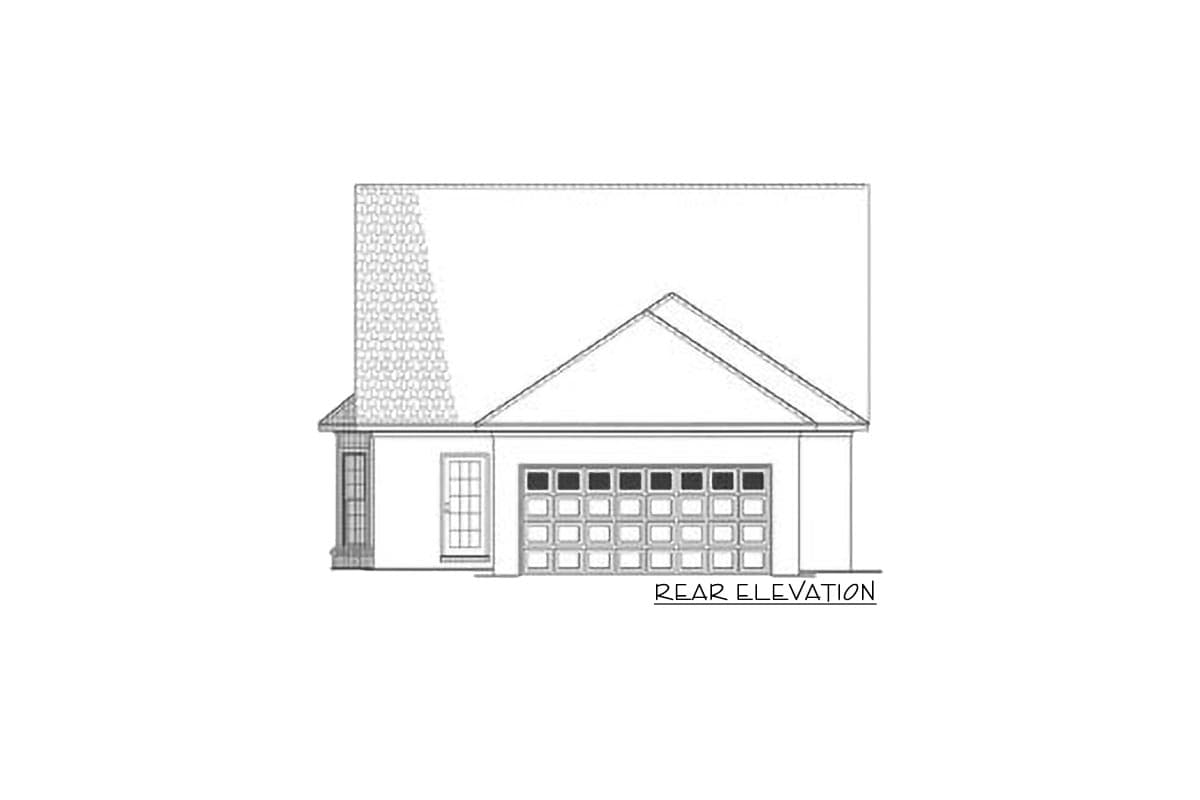 Rear elevation drawing of a house plan featuring a pitched roof, one-car garage, and a side door.
