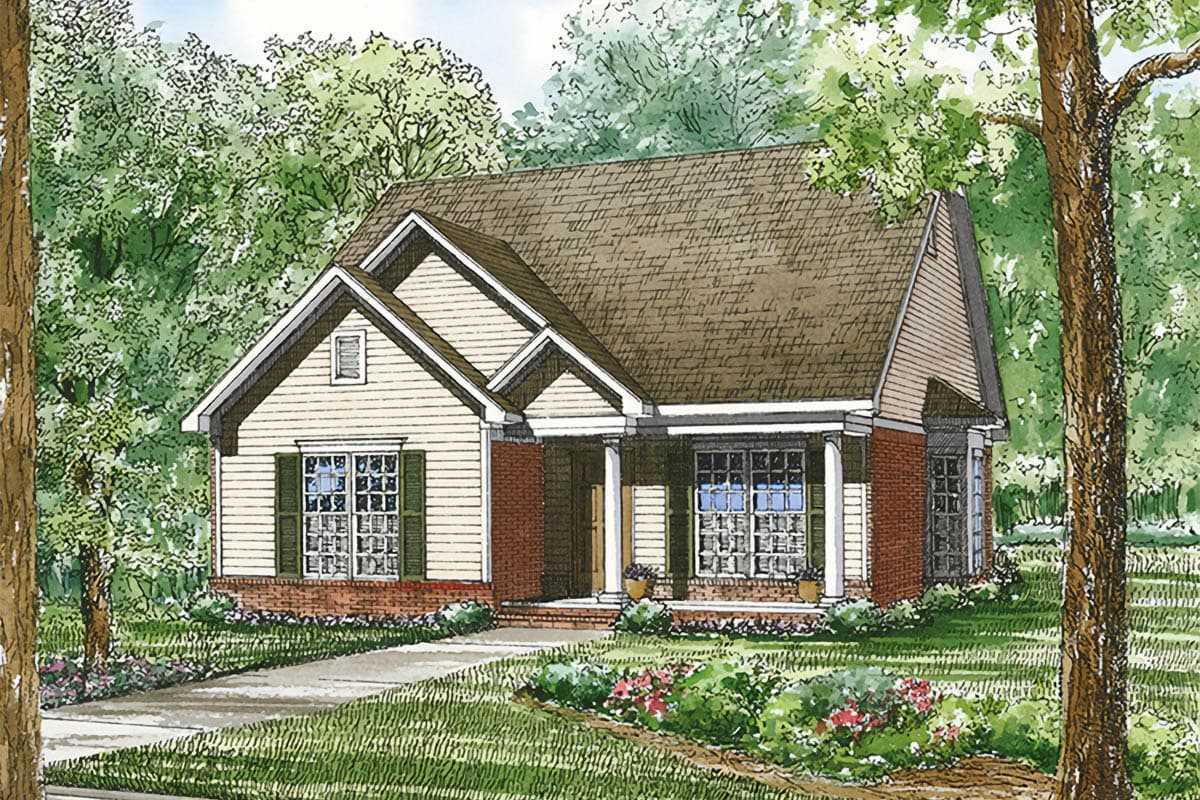 House plan exterior: one-story home with a covered front porch, brick accents, and multiple gables.