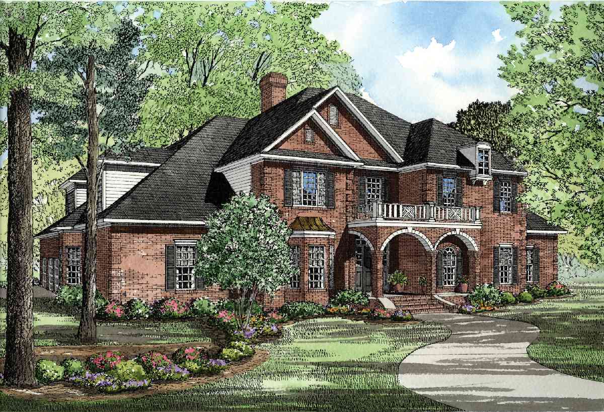 Brick house plan exterior with dormers, arched portico, balcony, and multi-level rooflines.