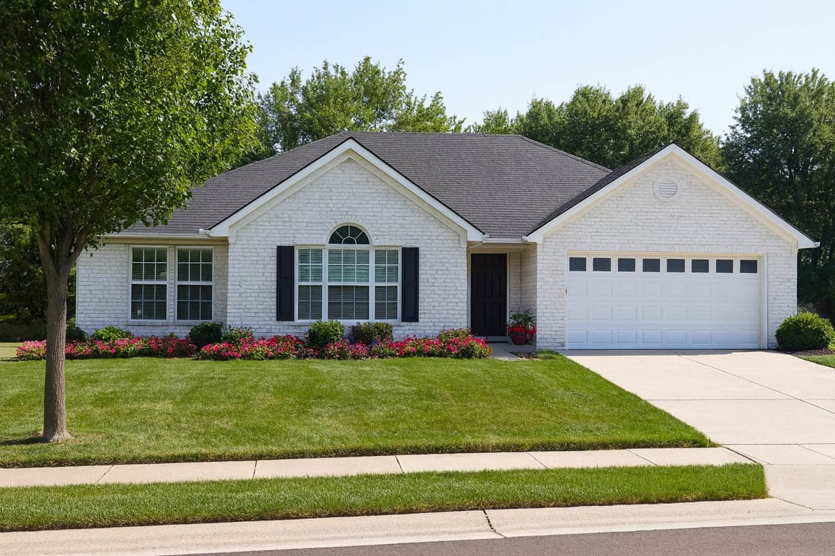 Ranch-style house plan exterior with white brick, arched window, and attached two-car garage.