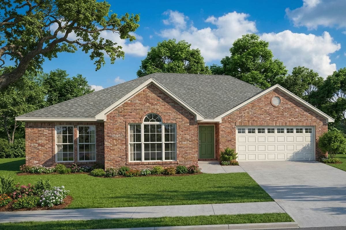 House plan exterior: Single-story brick home with a gable roof, arched window, front entry, and a two-car garage.