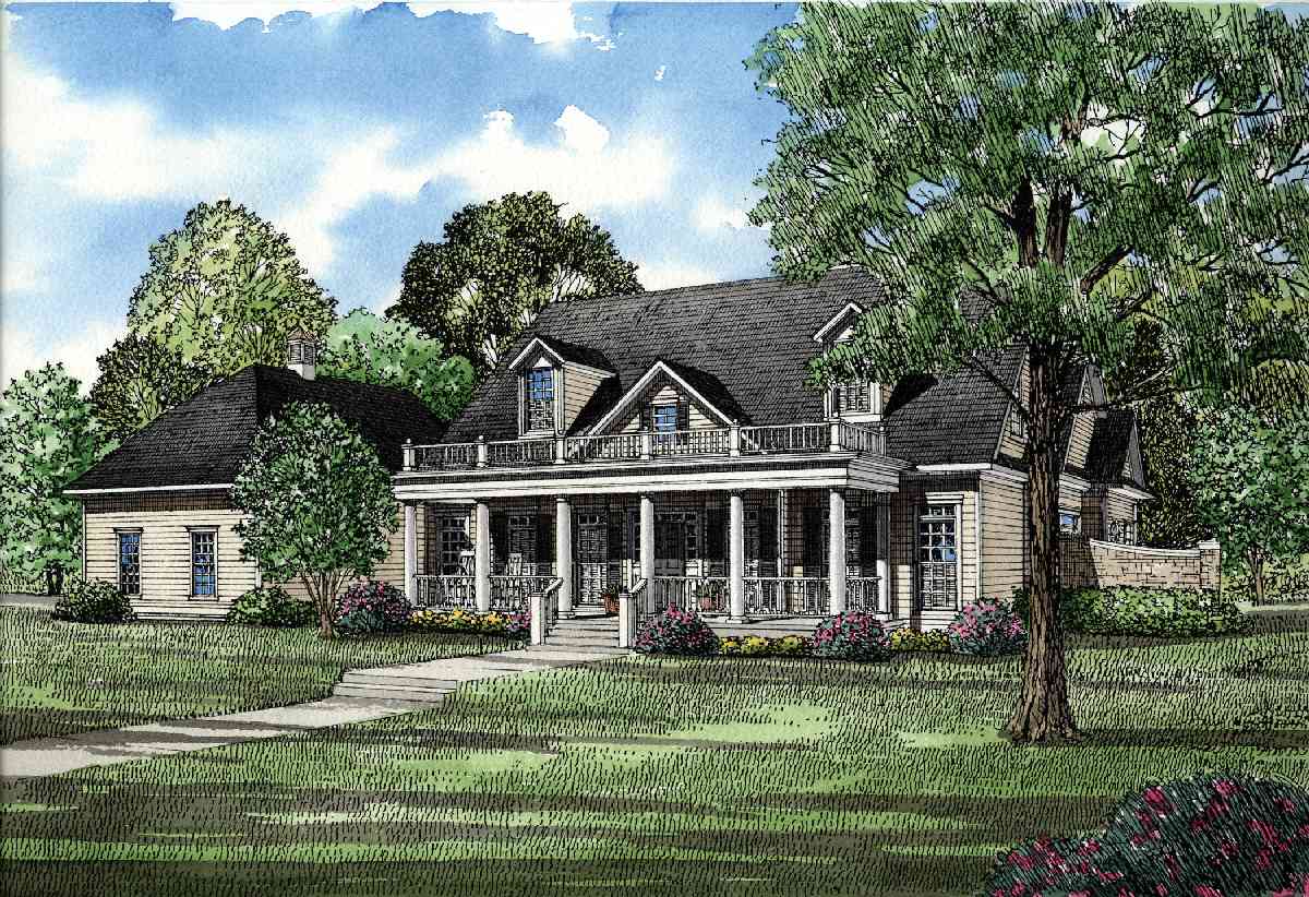 House plan exterior: Colonial Revival style, two stories, full-width wraparound porch, dormers, and balcony.