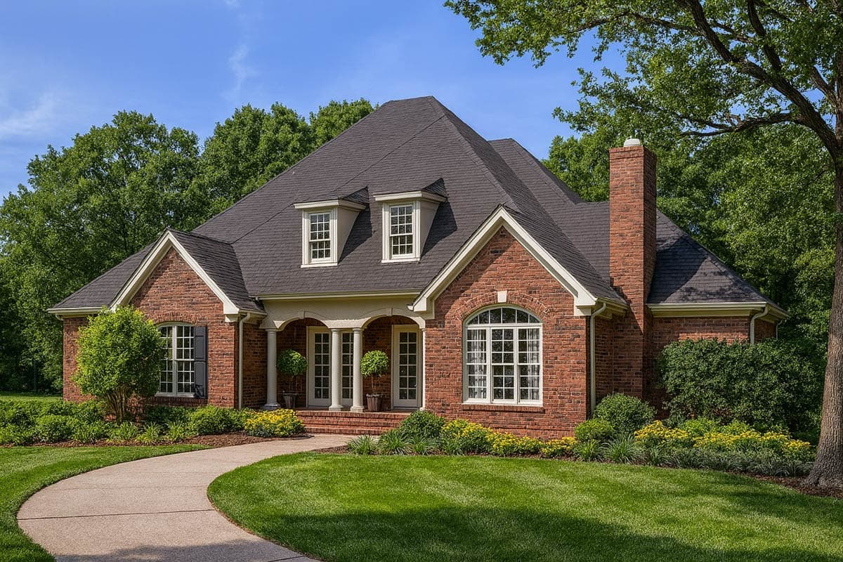 House plan exterior view: brick home with symmetrical front entrance, arched window, dormers, and brick chimney.
