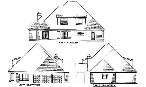 Rear, left, and right elevations of a house plan showing a large hip roof, dormer, and three-car garage.