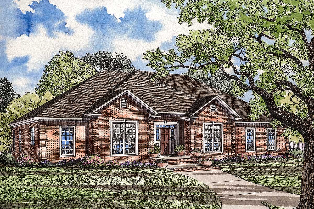 House plan exterior: Brick ranch with gabled dormers, prominent central entry, and symmetrical window placement.