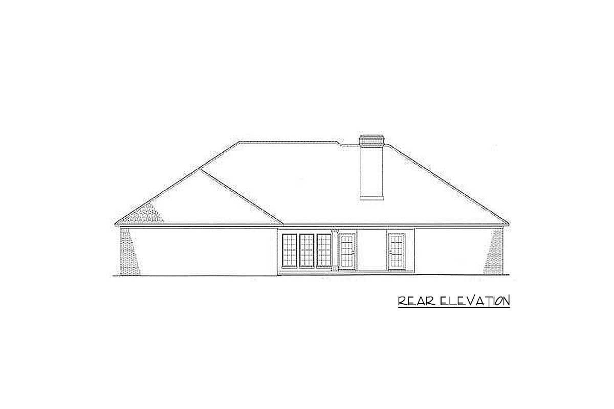 Rear elevation drawing of a house plan featuring a gabled roof, brick accents, a chimney, and multiple doors.