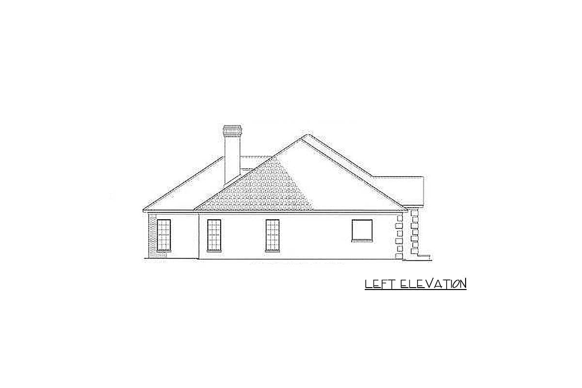 Left elevation drawing of a house plan with a chimney, prominent roofline, and multiple windows.