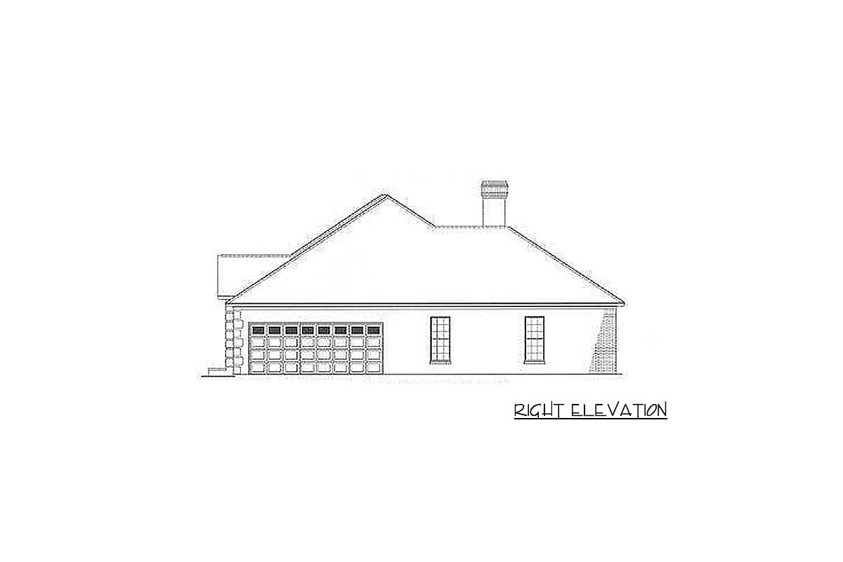 Right elevation drawing of a house plan with a two-car garage, two windows, and a chimney.