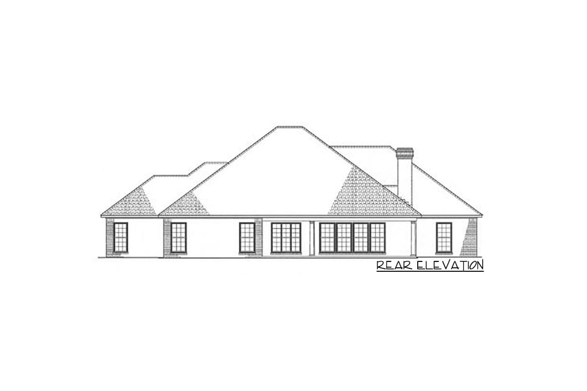 Rear elevation drawing of a one-story house with multiple gables, large windows, and a chimney.