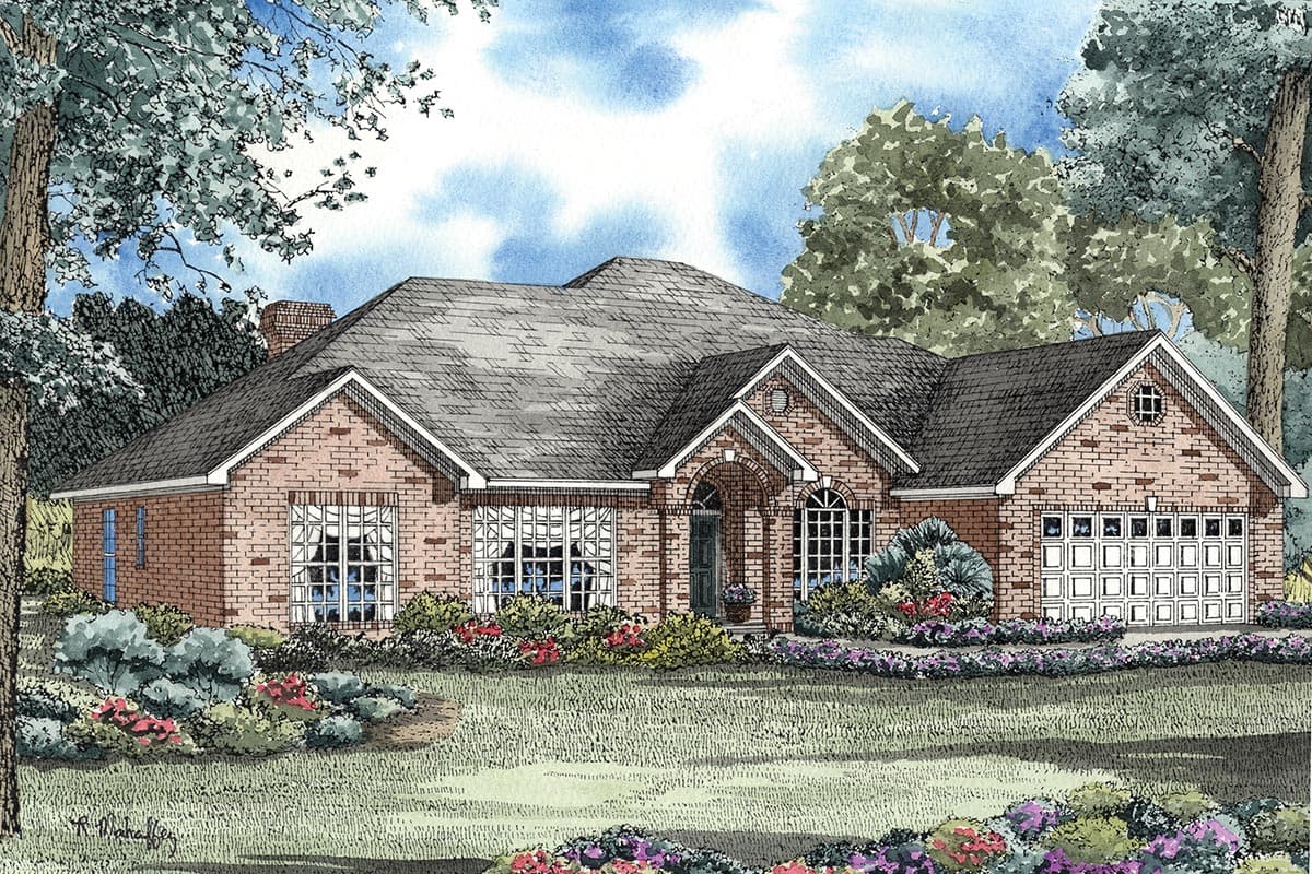 House plan exterior of a one-story brick home with a front-facing garage, multiple gables, and arched entryway.
