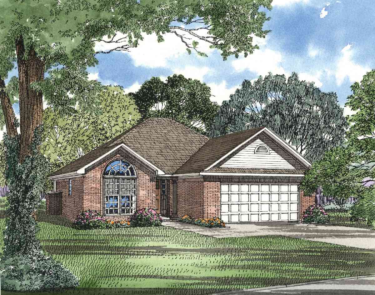 House plan exterior of a one-story brick home with a prominent arched window, hip roof, and attached two-car garage.
