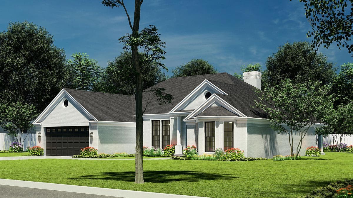House plan exterior: Modern Farmhouse style, one story, brick facade, gabled dormer, attached garage.
