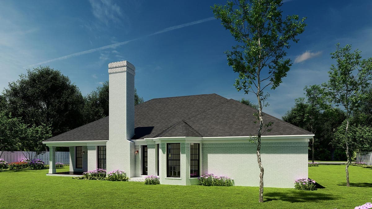 House plan exterior: One-story brick home with a prominent chimney, covered porch, and bay windows.