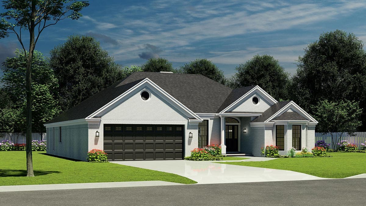 House plan exterior: one-story brick home with gabled roof, attached garage, circular dormer and covered entry.