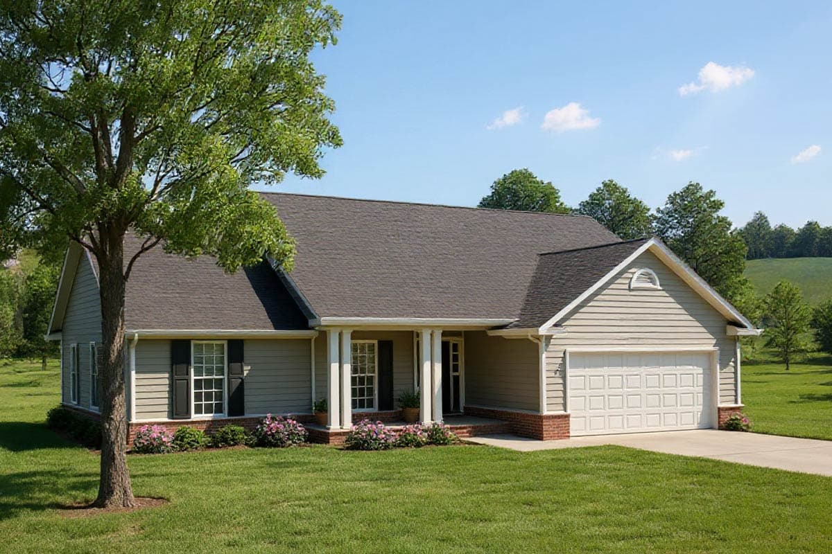 Ranch house plan exterior with a covered front porch, gable vents, and a two-car garage.