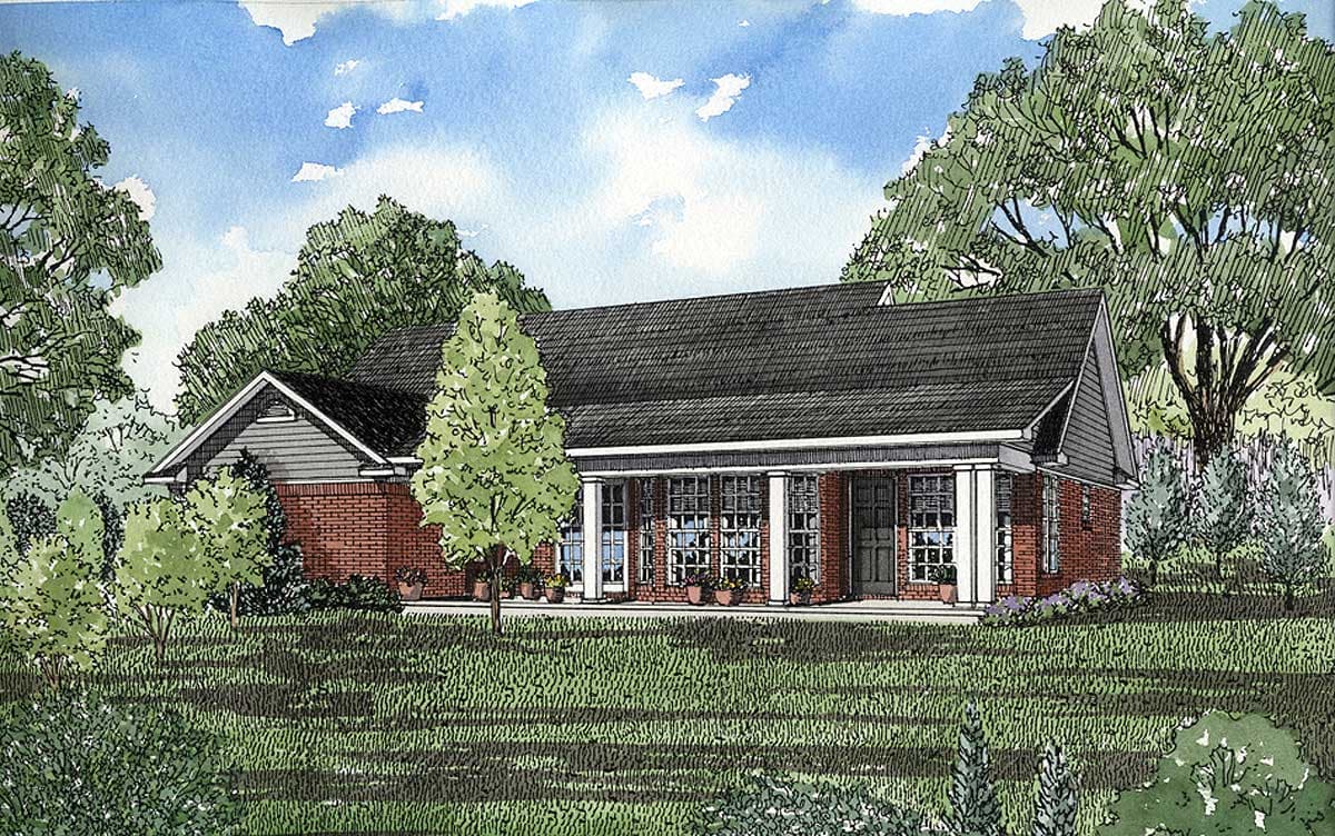 House plan exterior of a one-story brick home with a covered front porch supported by columns and a prominent gable.